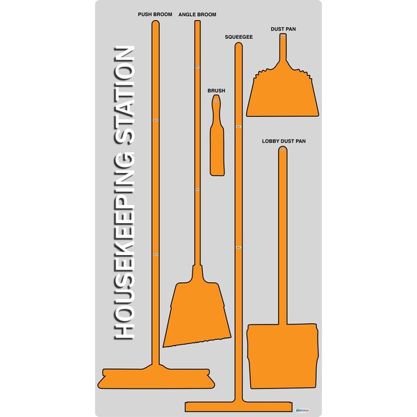 5S Housekeeping Shadow Board Broom Station Version 3 - Gray Board / Orange Shadows  With Broom